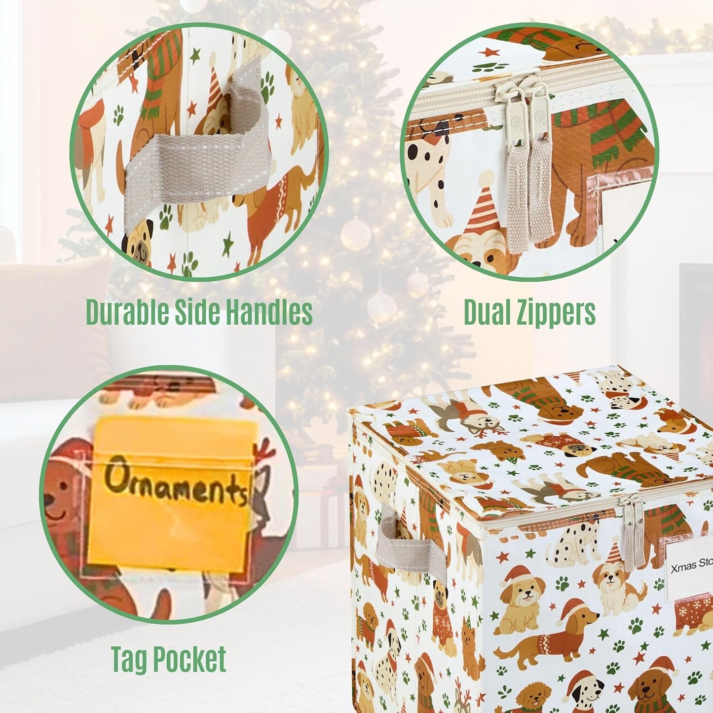 VENO Christmas Ornament Storage Box - 4 Pack with Adjustable Dividers & Zippered Top | Holds 64 Ornaments, 3-Inch Cube Compartments (Holiday Pups)