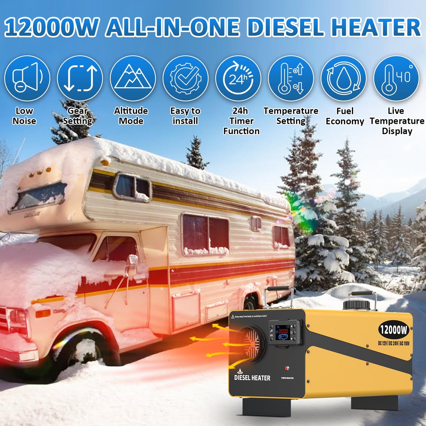 12000W Diesel Heater, 110V/24V/12V Ultra Parking Heater with Remote Control and LCD Display, 2025 Upgraded All-in-One Instant Heat Low Noise for RV Truck Boat Bus Home Shop (110V/24V/12V Heater)
