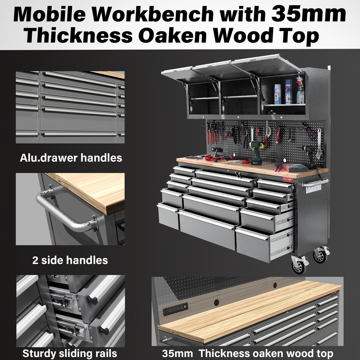 HAUTMEC 72" Rolling Tool Chest, Heavy-Duty Tool Cabinet with Wheels, Garage Workbench with 15 Drawers, 3 Upper Cabinets, Pegboard & 51 Hooks, Oak Worktop & Power Strip – HT0428