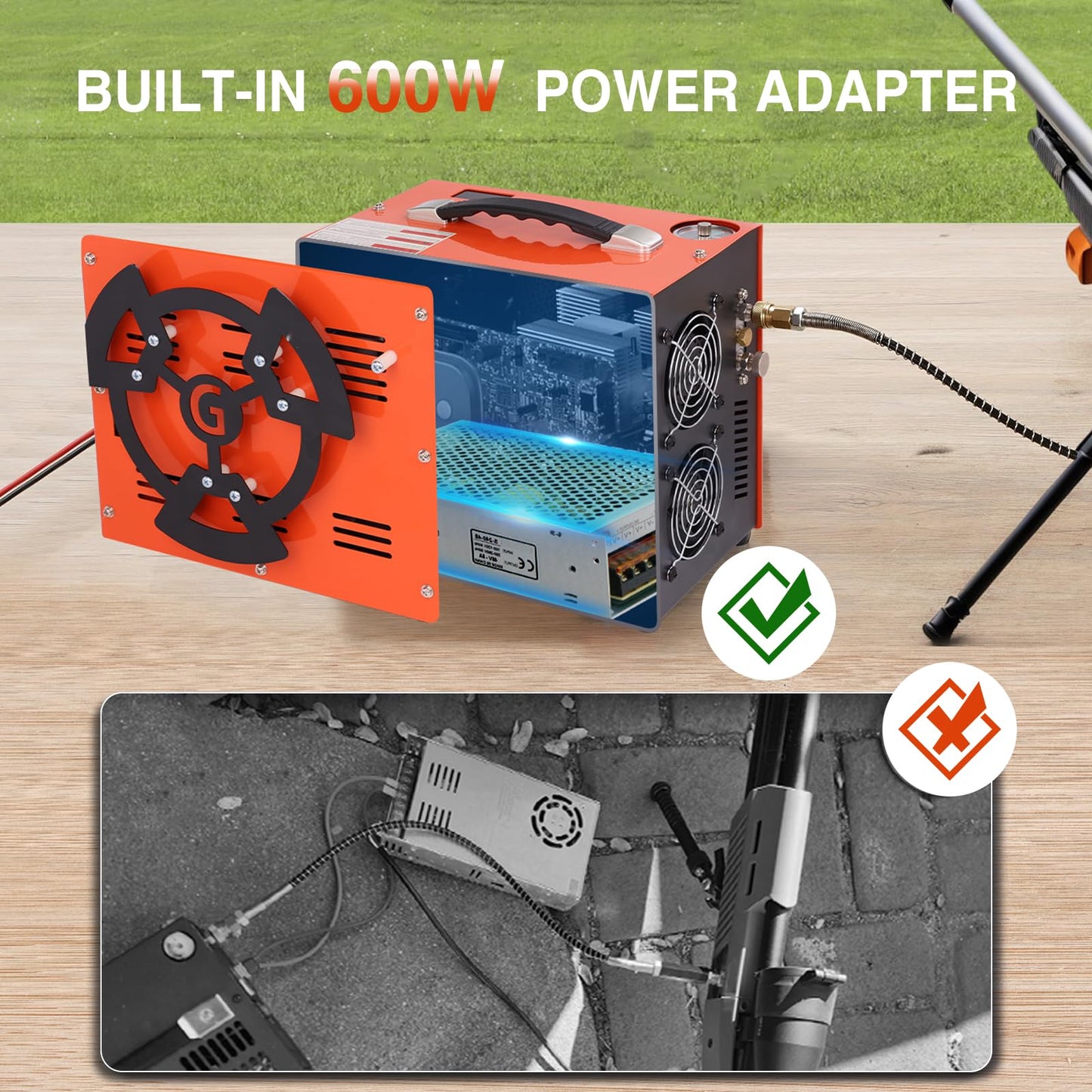 PCP Air Compressor, 4500 PSI / 30 MPa, 350W Motor, Auto Stop, Built-in Adapter, 12V DC or 110V / 220V AC Power, Portable Water/Oil-Free Pump for Paintball, Air Rifle, Airguns, HPA Tanks, Orange