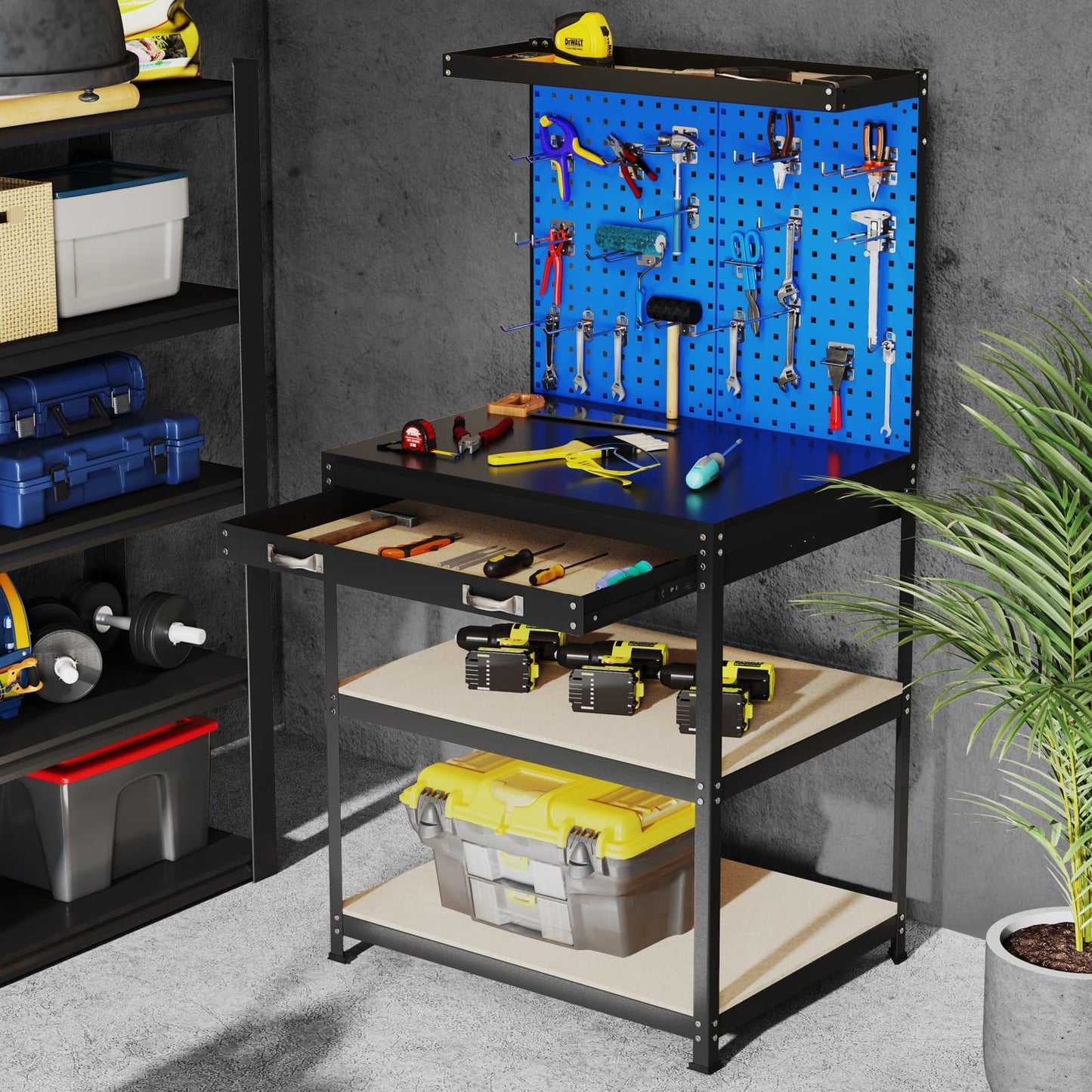 Goplus Workbench with Drawer, 32" x 16" Heavy-Duty Work Table with 2 PCS Pegboard & 4 Shelves, 19 Hanging Hooks, 495LBS Capacity, Metal Tool Storage Work Bench for Garage, Workshop, Home