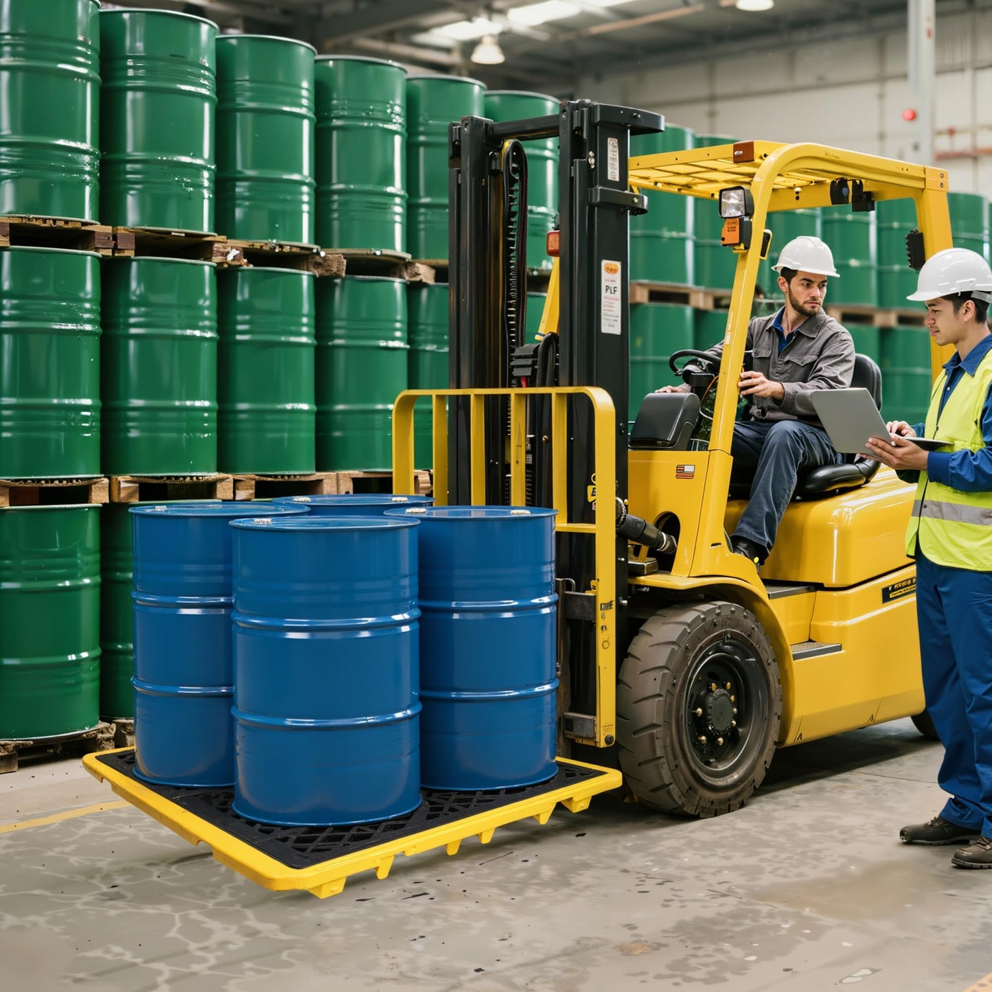 Cjgyz Spill Containment Platform with Drain, 51x51x6in, Anti-Slip Plastic, Leakproof Detachable, 4 Drum Capacity, Yellow for Industrial Use