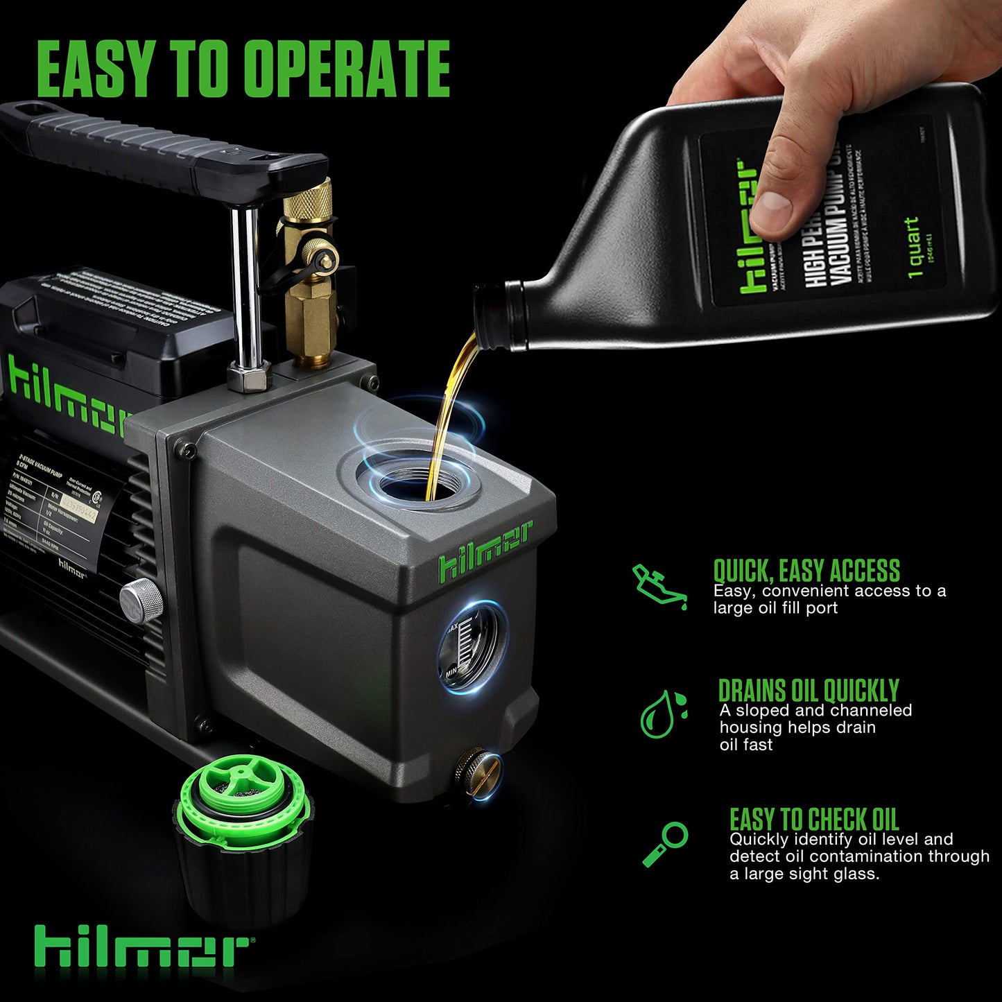 hilmor BVP2CFM 2CFM Battery Powered Vacuum Pump for HVAC Tools and Equipment, 9Ah 18 Volts, 1/2 Horsepower, 11 oz. Oil Capacity A2L Compliant