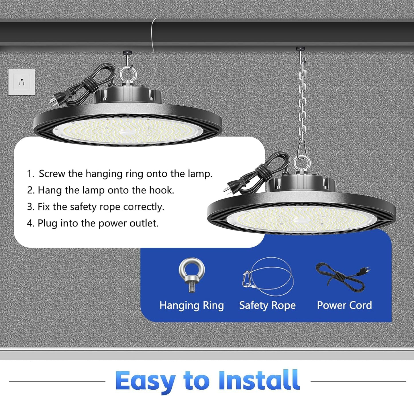 Gugsey Led High Bay Lights 200W - 28000lm 5000K Super Bright Waterproof Led Shop Lights with Plug 5' Cable and Hook Ring, Garage Light for Factory Gym Warehouse Workshop（4 Pack）