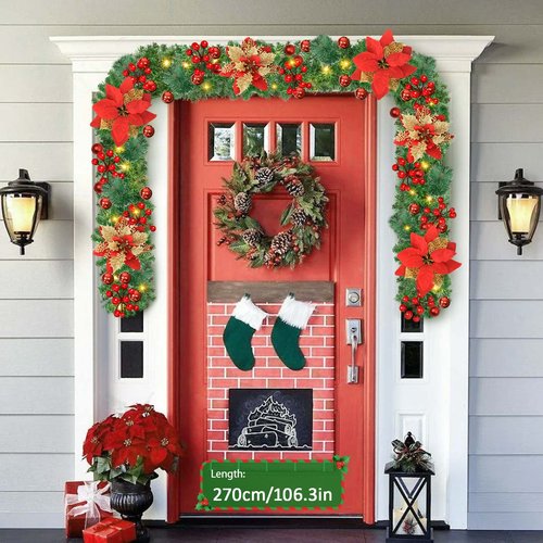 9Ft Pre-lit Christmas Garland with LED Lights Battery Operated, Holiday Decoration Stairs Wall Mantle Door Indoor Outdoor, Decorated with Red Flower, Balls, Berries, Snowy Pine, Christmas Collection