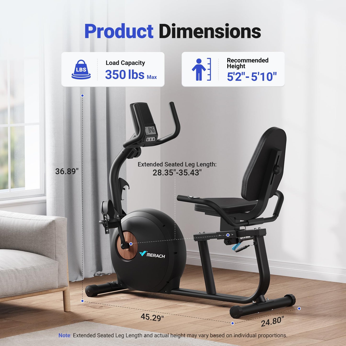 MERACH Recumbent Exercise Bike for Home, Upgraded Durable Magnetic Stationary Recumbent Bikes for Seniors Adults with Resistance Bands, Exclusive App, Adjustable Comfortable Seat, 350LB Capacity, S23