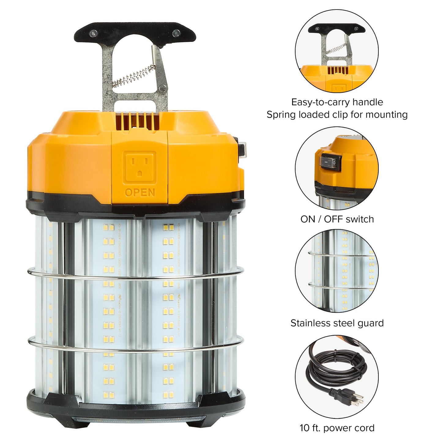 Maxxima High Bay LED Temporary Work Light Fixture - 100 Watt 12000 Lumens, Daylight 5000K, Linkable, Stainless Steel Cage Guard, Easy Latch to Mount, Plug in with Surge Protection