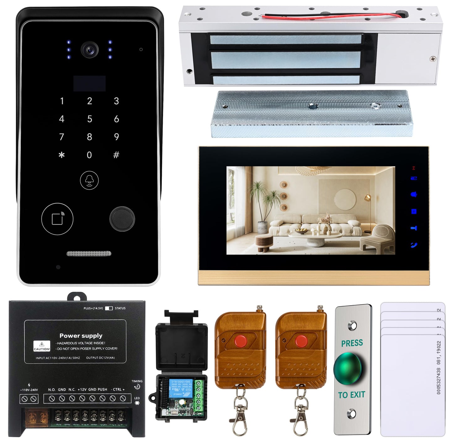 Smart Home 7-Inch Video Intercom Doorbell System with HD Display & Touch Keypad, Fingerprint/Key Card/Password/Remote Unlock, 1200lbs Magnetic Lock (NC) & Exit Button for Homes & Villas