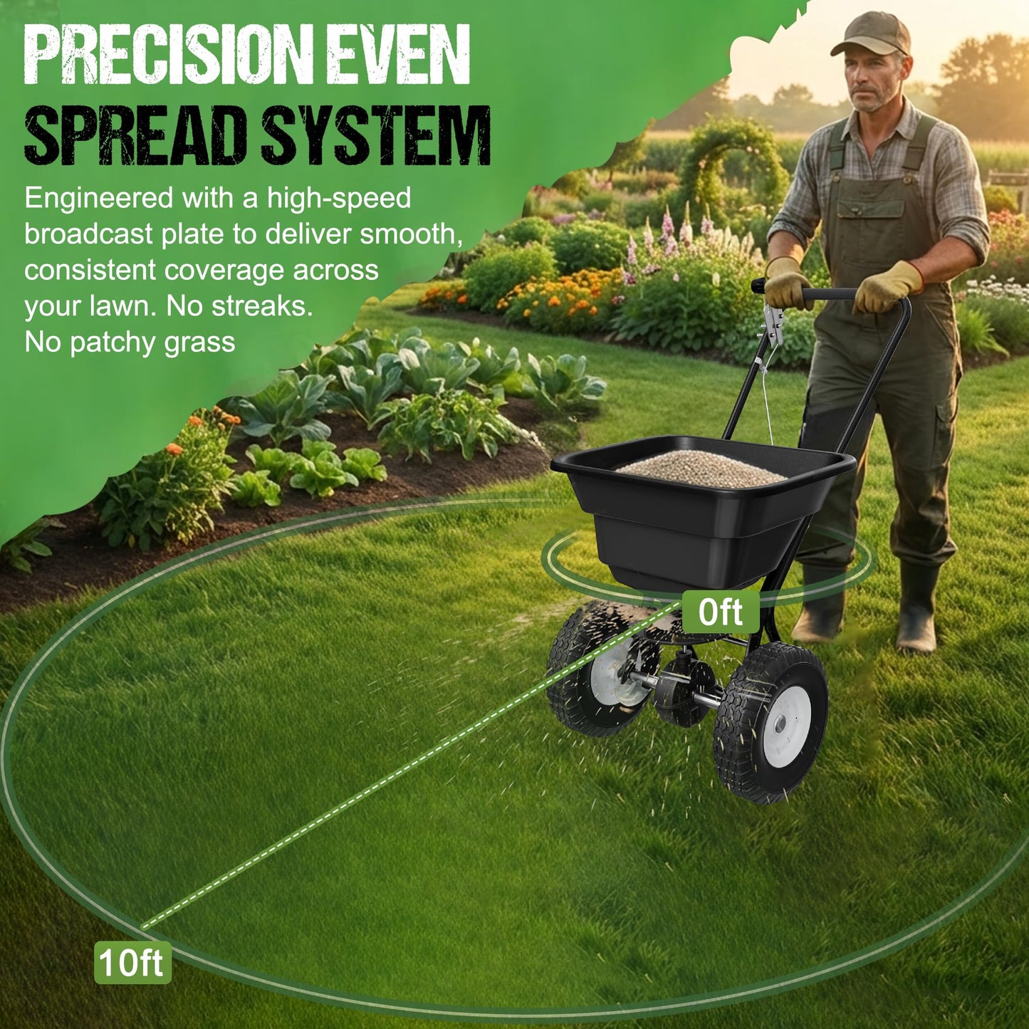 PPOLB Broadcast Spreader for Lawns, 80LB Fertilizer Spreader with 25-Level Flow Control, Walk Behind Lawn Seed & Salt Spreader, 0–10FT Coverage, Hopper Screen, Rain Cover, 12" Pneumatic Wheels