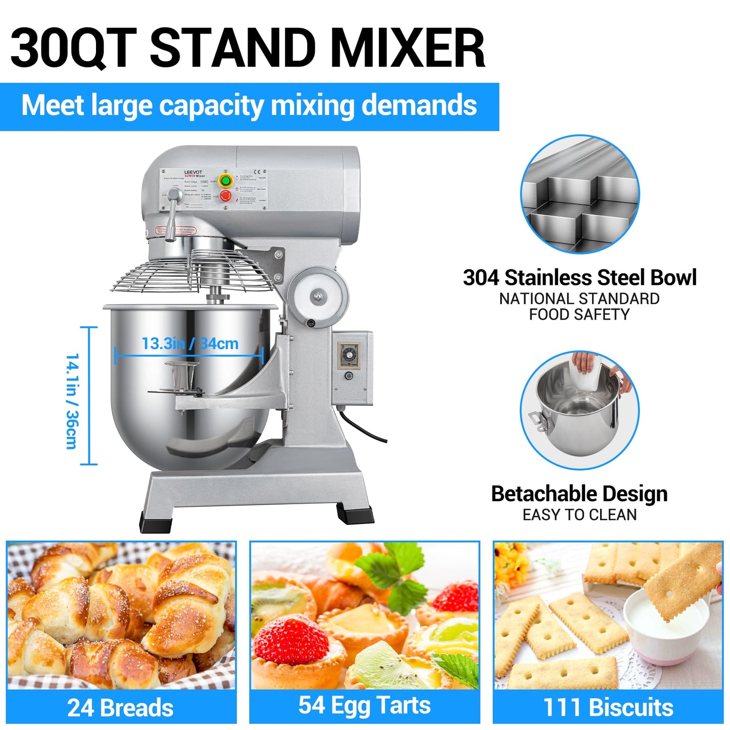 LEEVOT 30 Qt 1250W Commercial Food Mixer, Commercial mixer 3 Speeds Adjustable Heavy Duty Stand Mixer with Stainless Steel Bowl for Bakery Pizzeria.