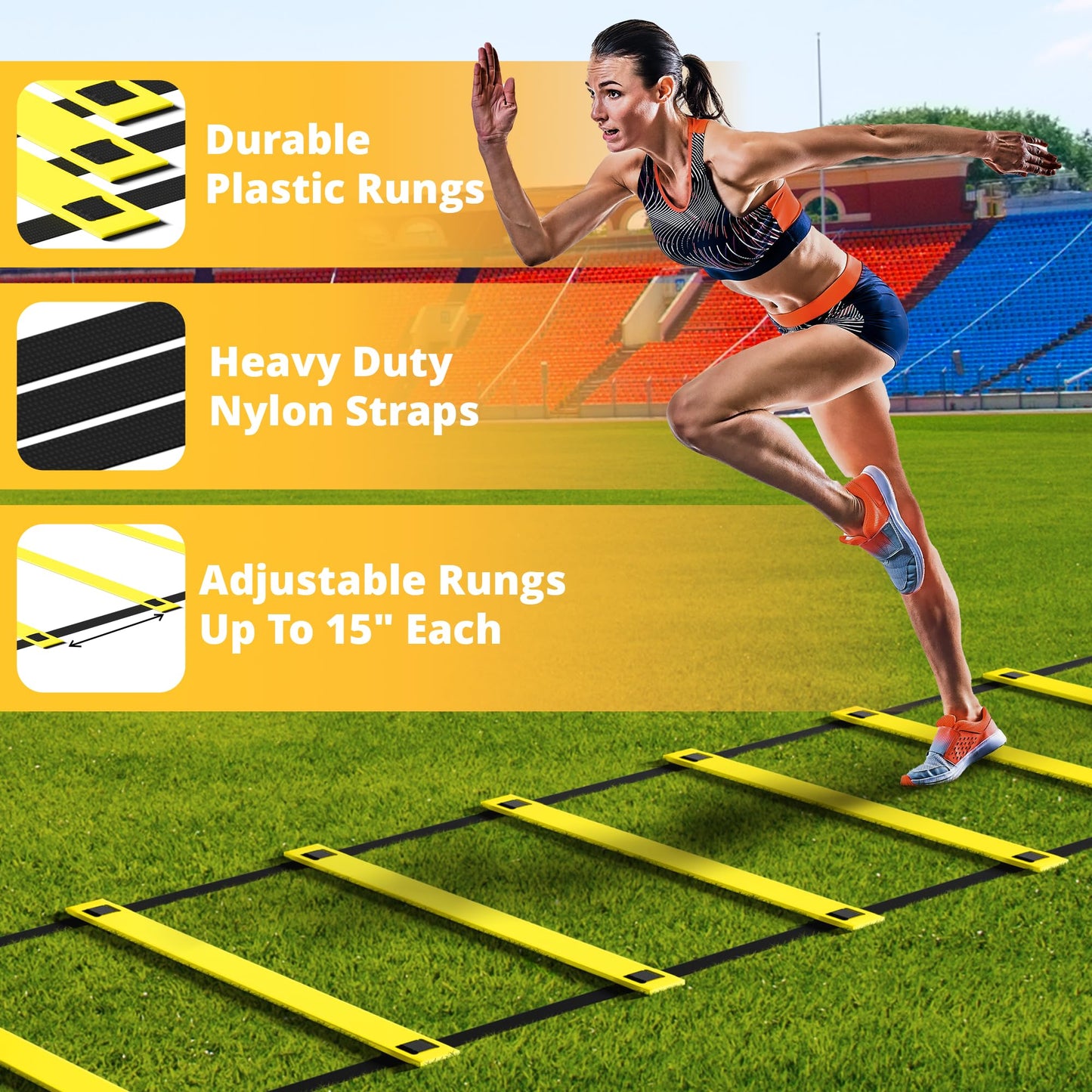 Yes4All Speed Training Equipment Set: 15ft Agility Ladder, Resistance Parachute, 5 Agility Hurdles, 12 Disc Cones with Carry Bag/Strap