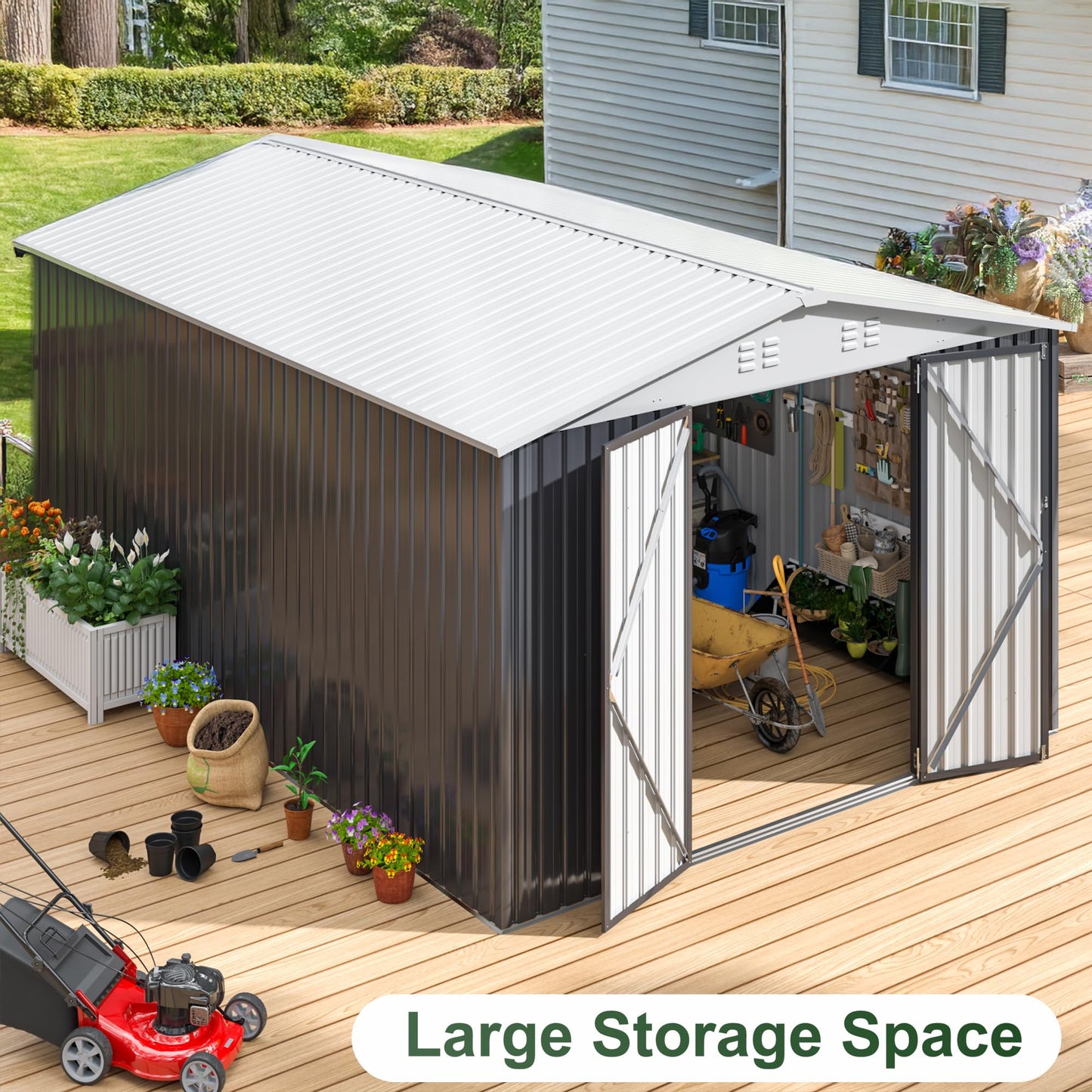 WKM 10x14 Metal Outdoor Storage Sheds, Heavy-Duty Galvanized Steel Garden Shed with Lockable Doors & 4 Vents, Waterproof Tool Shed Organizer for Outside, Backyard, Patio, Lawn, White