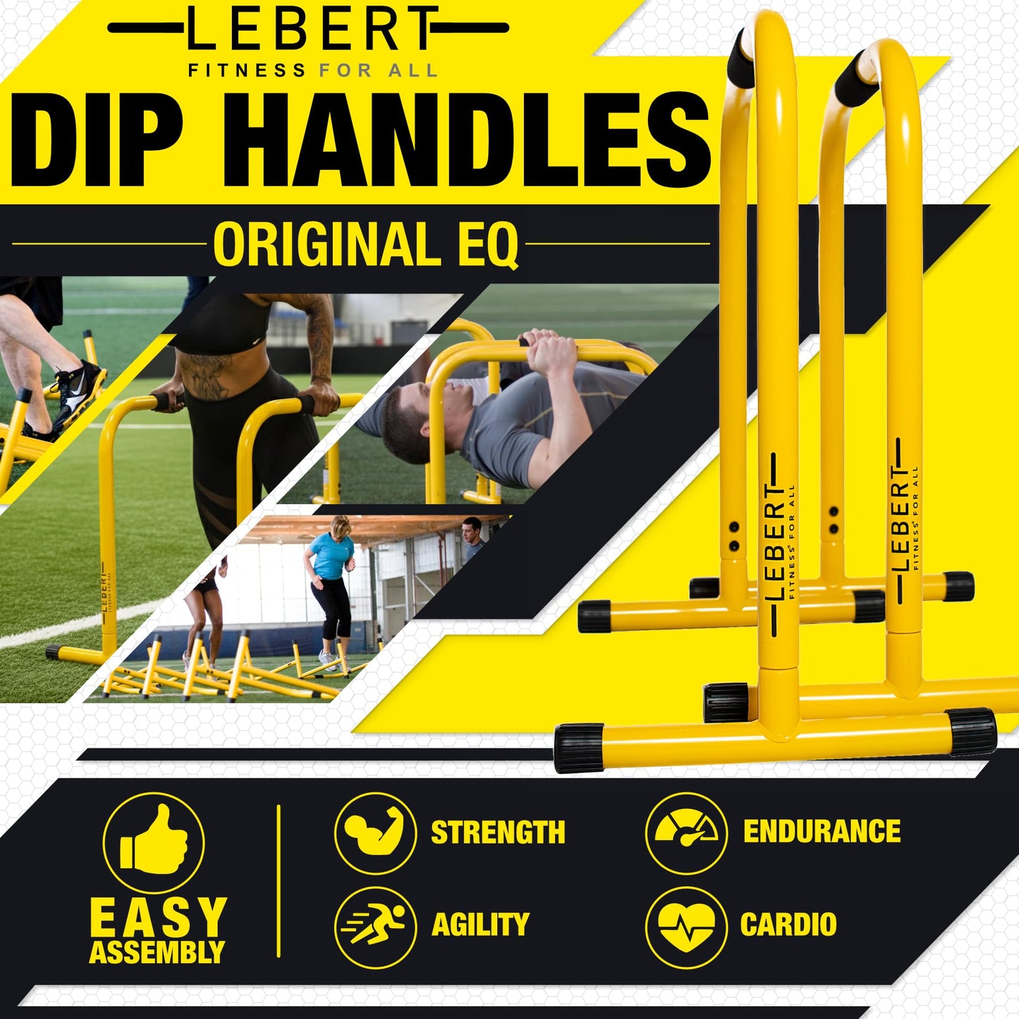 Lebert Fitness Dip Bar Stand - Original EQualizer Total Body Strengthener Pull Up Bar Home Gym Exercise Equipment Dipping Station - Hip Resistance Band, Workout Guide and Online Group - Yellow