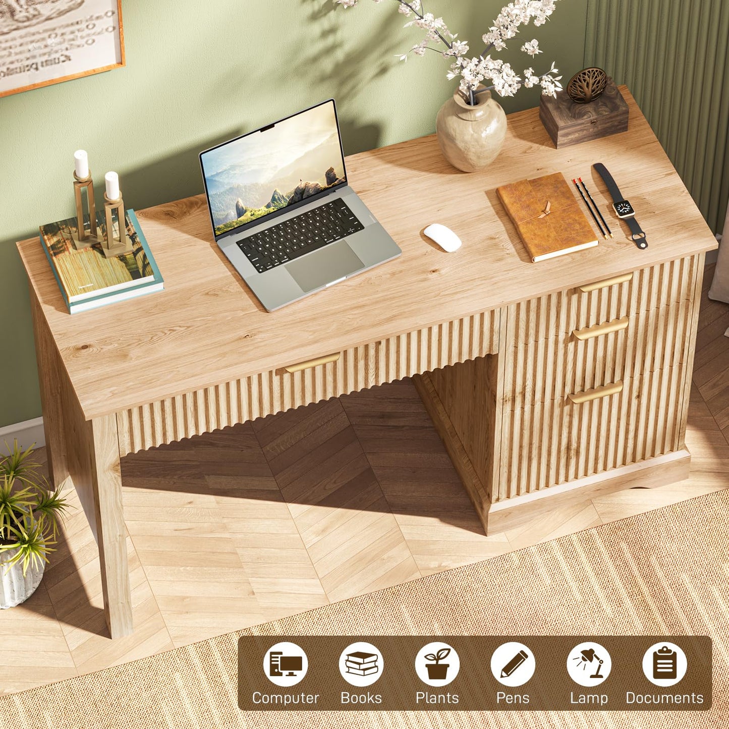 Vabches Fluted Executive Desk with Drawers, Wood Computer Desk with Ample File Drawer, Home Office Desk with Storage for Study, Bedroom, Living Room, Oak