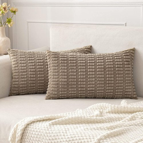 MIULEE Corduroy Lumbar Throw Pillow Covers - Soft Boho Striped Design | 20x12 Inch Light Brown for Modern Farmhouse Decor
