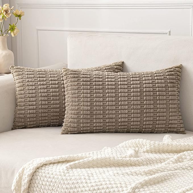 MIULEE Pack of 2 Corduroy Decorative Lumbar Throw Pillow Covers 22x14 Inch Soft Boho Striped Pillow Covers Modern Farmhouse Home Decor for Sofa Living Room Couch Bed Light Brown