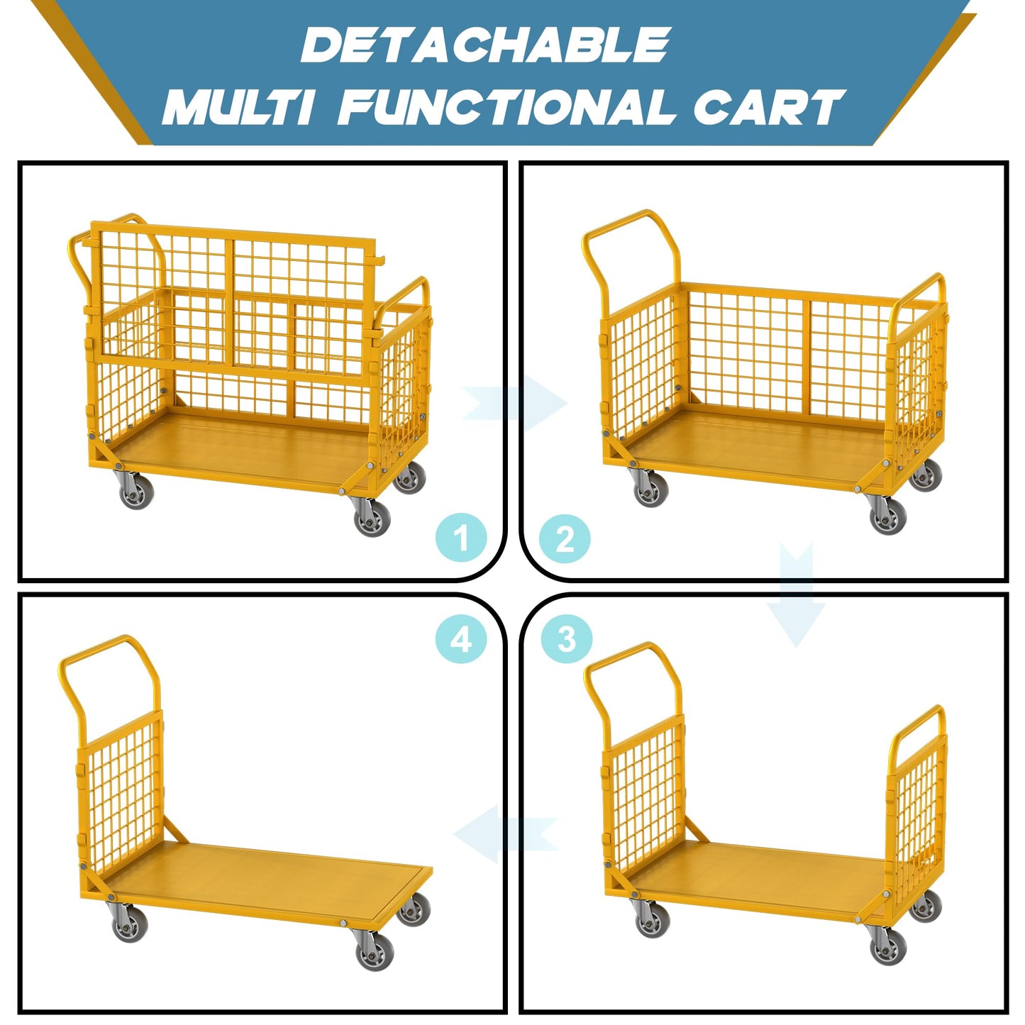 Platform Truck with Cage,5-in-1 Collapsible Heavy-Duty Push Cart Dolly Load 1800 LB,Large Flatbed Hand Truck for Grocery/Laundry/Stall/Storage
