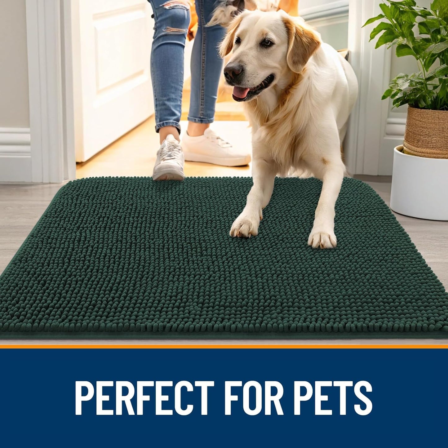 OLANLY Dog Door Mat - Absorbent Non-Slip Chenille Mat for Muddy Paws | 59x20 Inches, Blackish Green