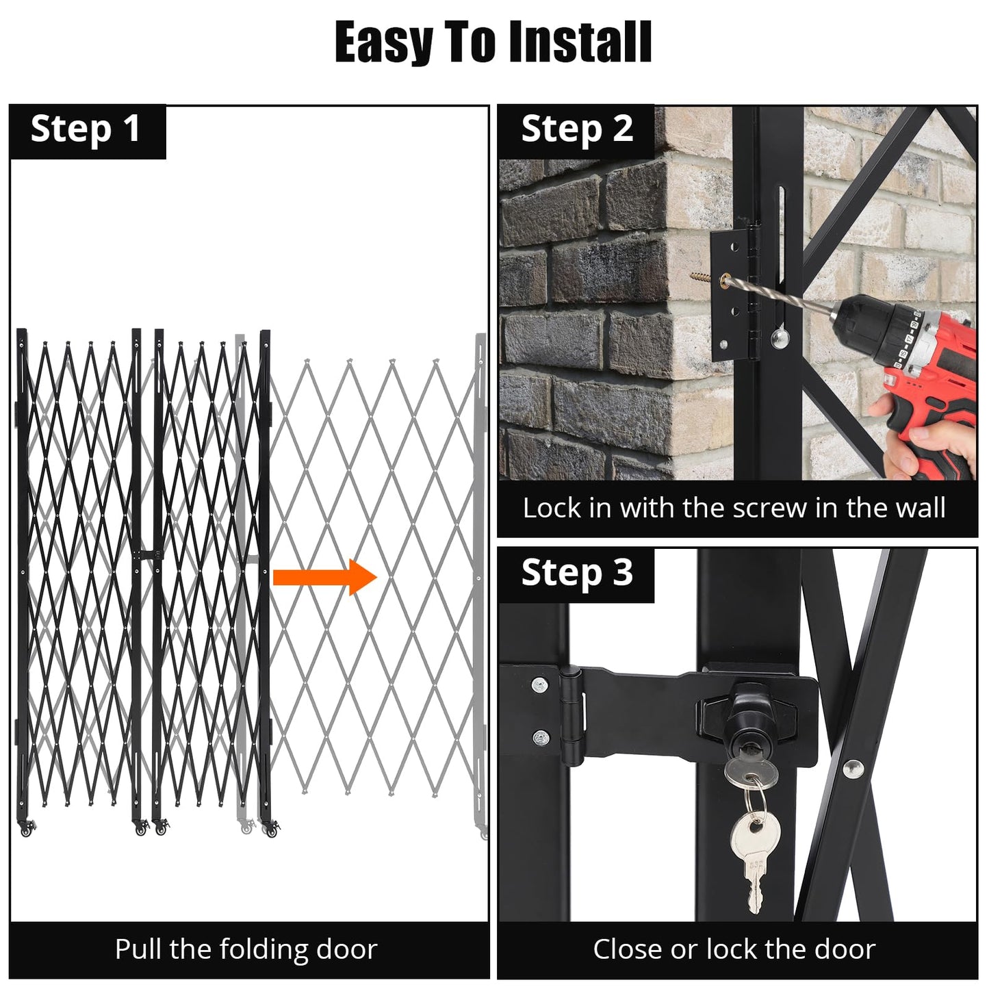 Double Folding Security Gate, 85" H x 150" W Folding Security Door Outdoor, Steel Accordion Security Gate, Flexible Expanding Security Gate, 360° Rolling Barricade Gate with Padlock