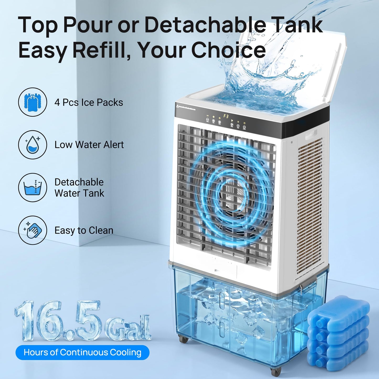 Swamp Cooler, 45" 5100 CFM Evaporative Cooler, 16.5Gal Detachable Water Tank, 4 Ice Packs, 120°Oscillation, 12H Timer, 3-in-1 Evaporative Air Cooler for Outdoor, Patio, Garage, Shop, Industry, ETL