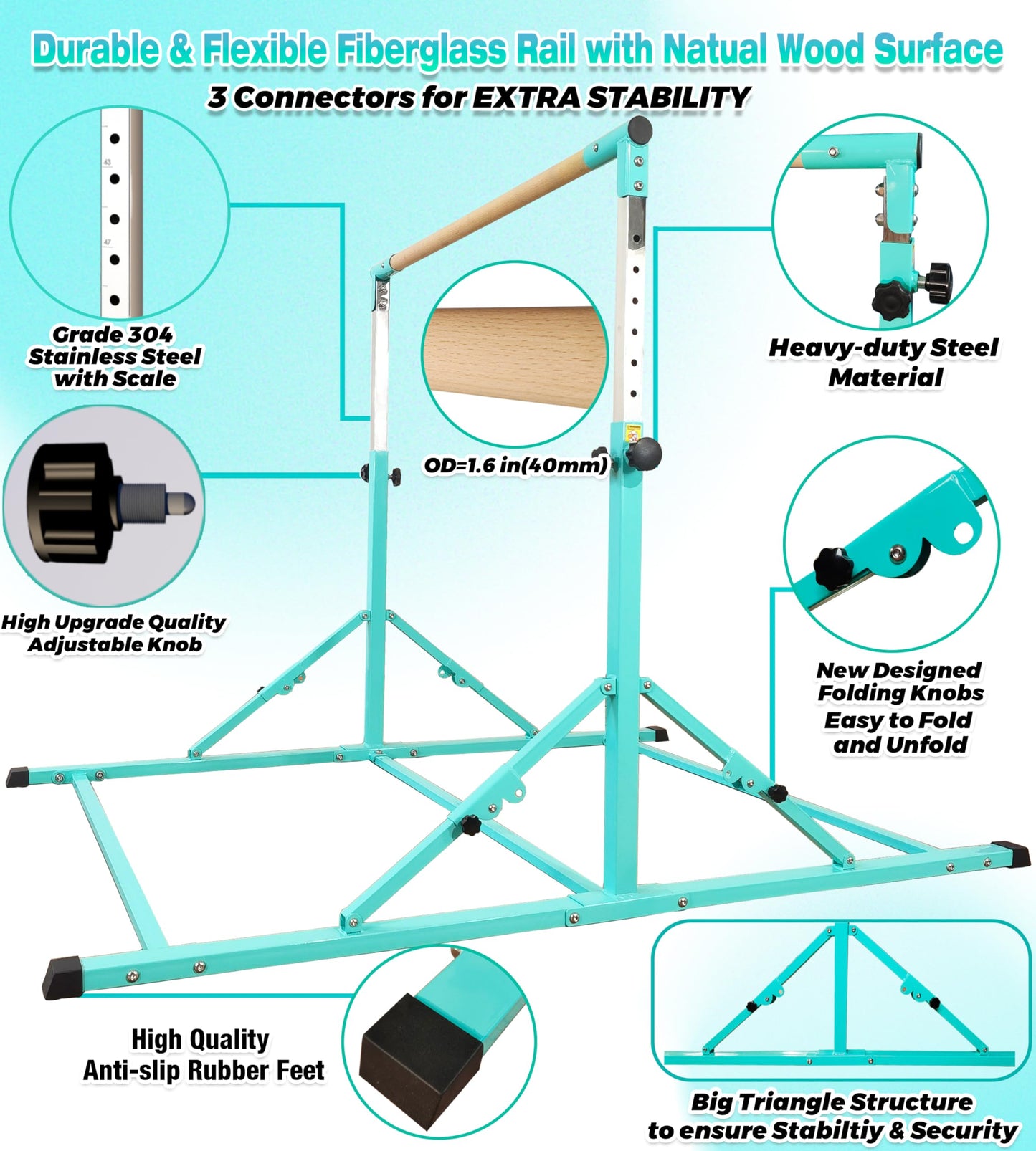 PreGymnastic Foldable Gymnastics Bar, 6FT Horizontal Bars, Folding Training Bar for Kids Ages 3-18, Weight Limit 500 LB, Adjustable kip Bar,Home Gym Equipment Indoor