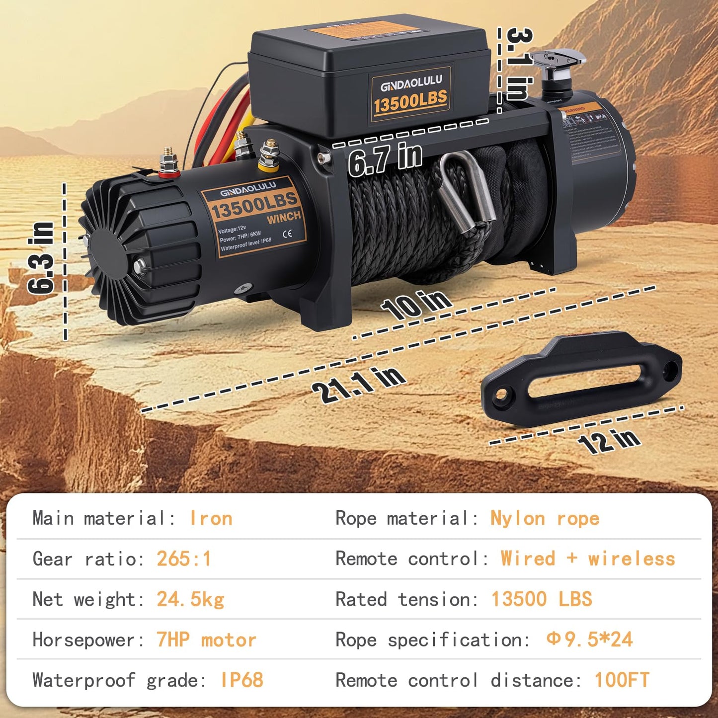 GINDAOLULU 12V Electric Winch,13500LBS Load Capacity Trailer Winches with Synthetic Rope Towing Winches for Jeep Truck SUV and More