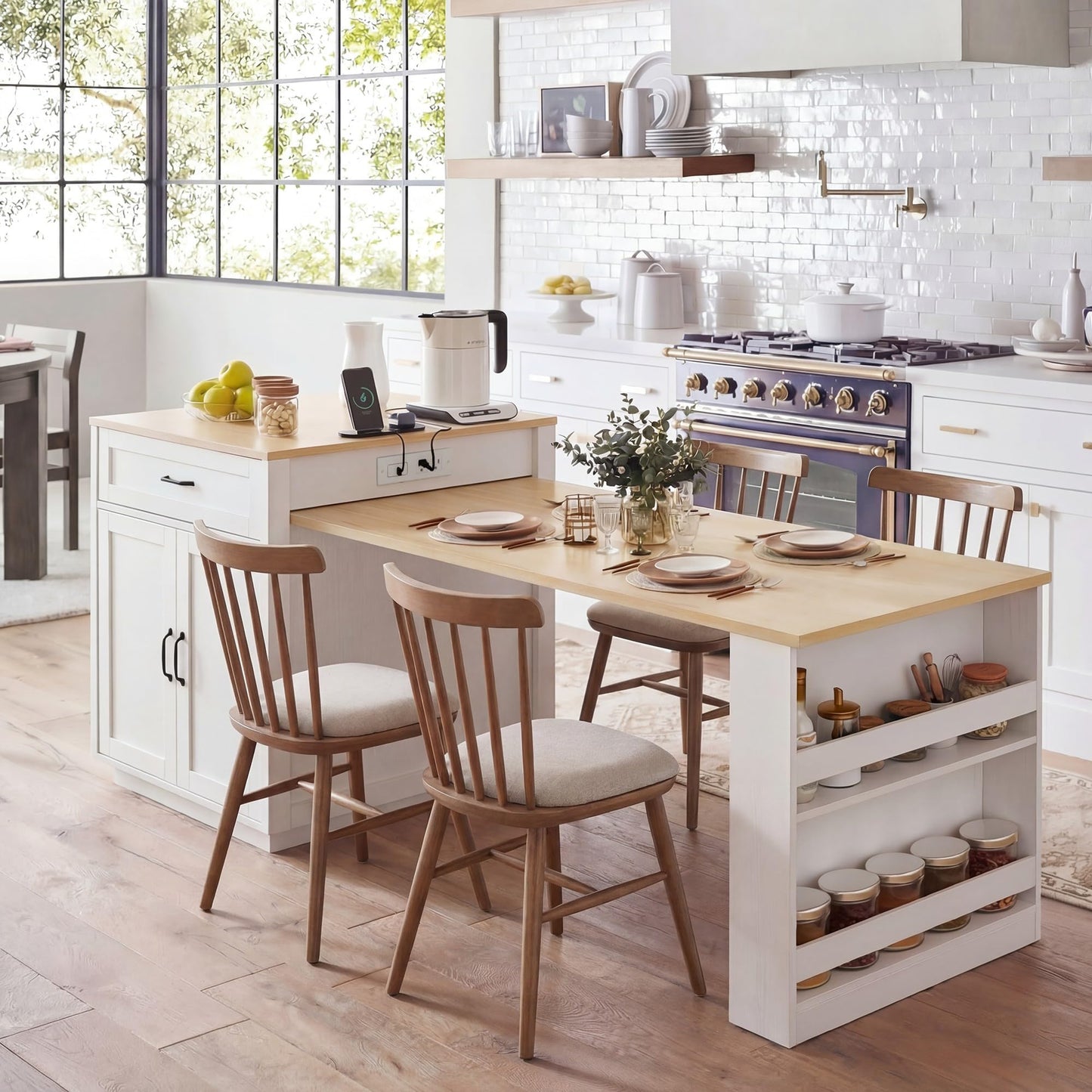 MEETFAV 82.7" Kitchen Island with Extendable Dining Table, Modern Stationary Island Table with Double-Sided Storage, Power Outlet, 2 Drawers and Side Shelves for 4-6