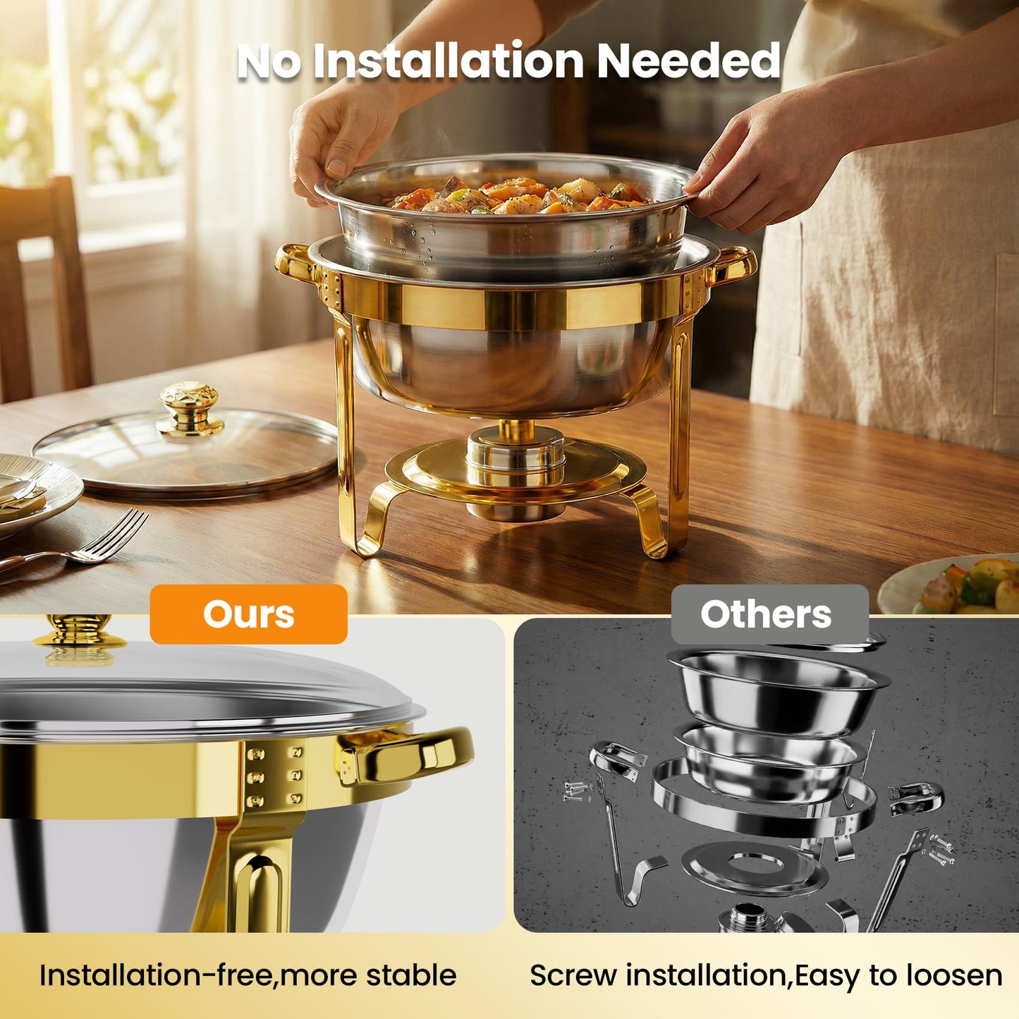 Gold Chafing Dishes for Buffet Set of 4 Pack, 6QT Round Buffet Servers and Warmers Set with 4 Spoons, 4 Slotted Spoons, 4 Tongs, 2 Gloves, Chafers and Buffet Warmers Sets for Wedding, Birthday, Party