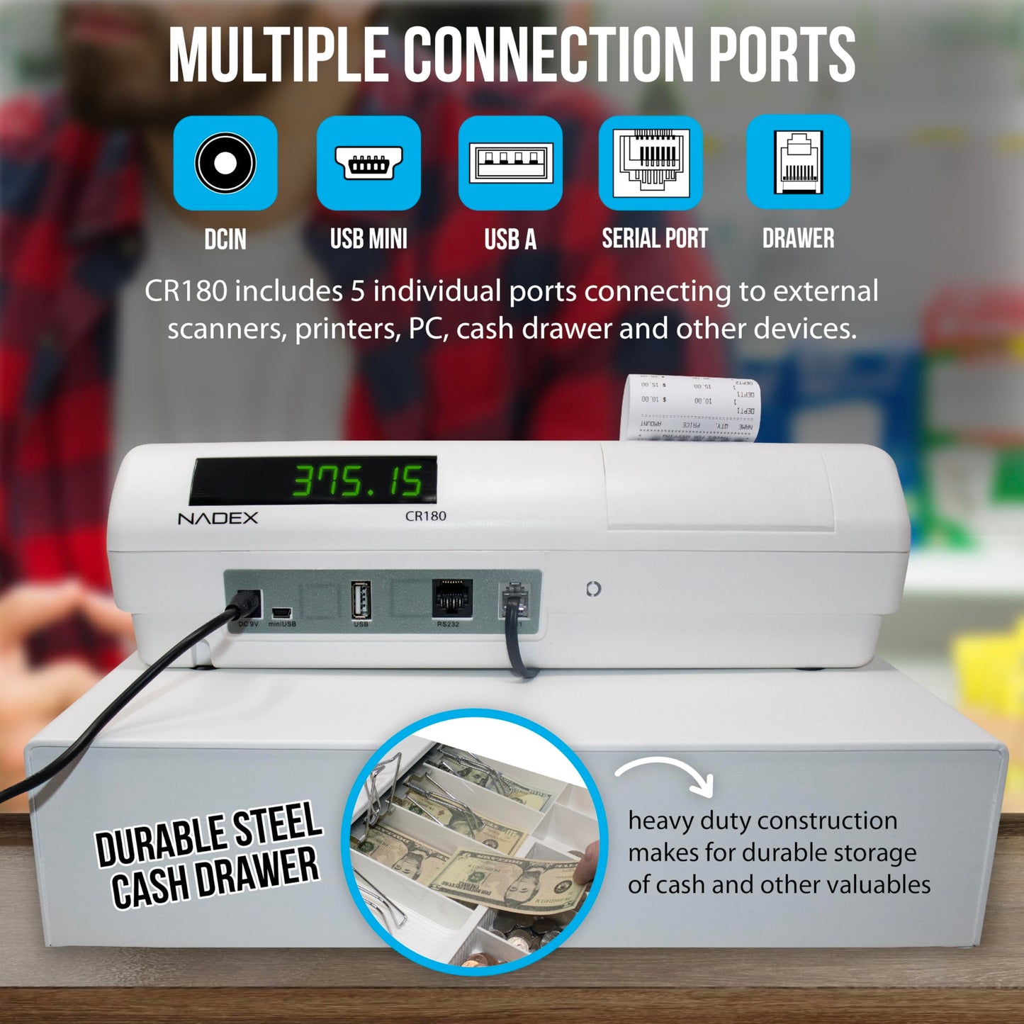Nadex CR180 Electronic Cash Register, Steel Cash Drawer, Compact Design, White
