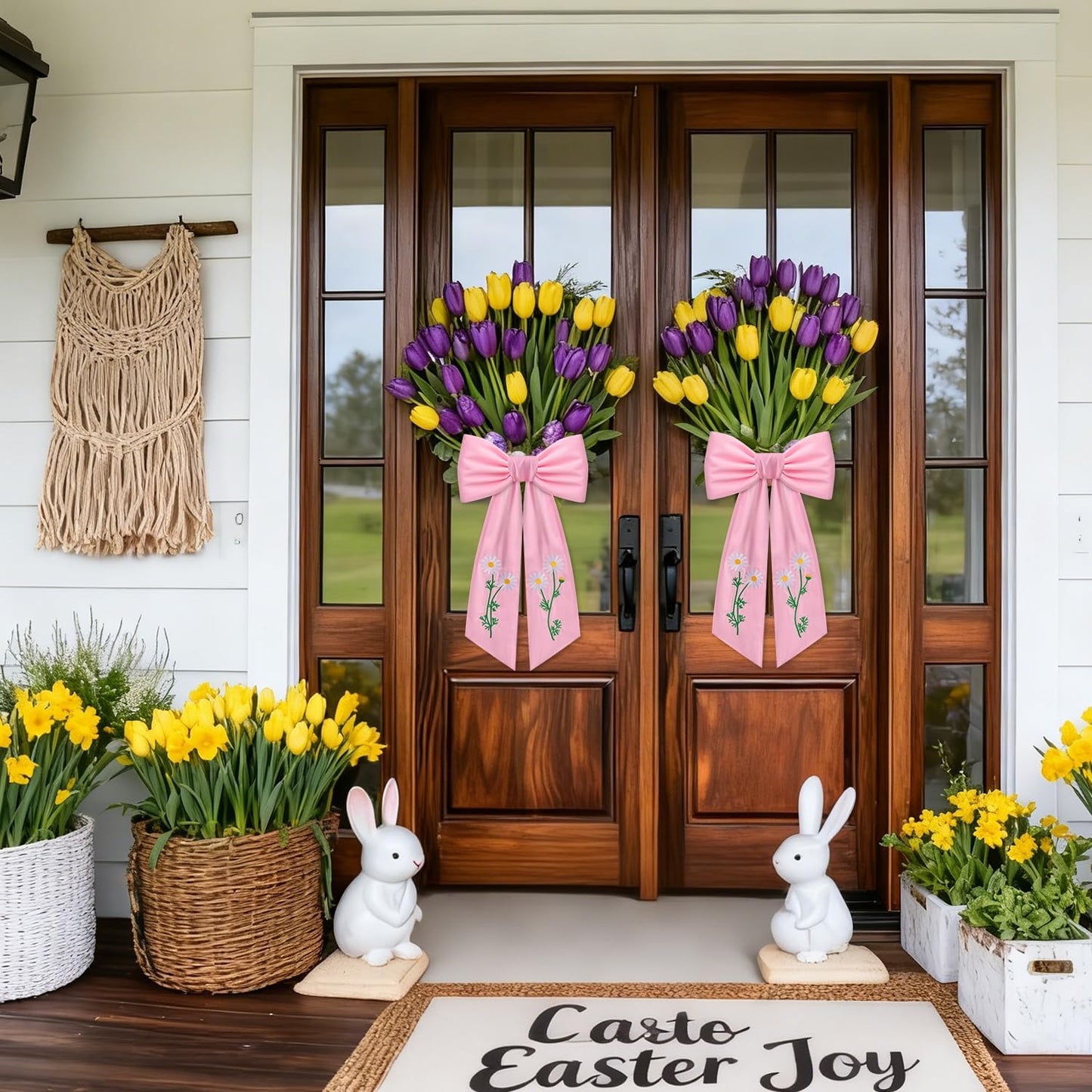 Regine Switzerland 2-Pack Daisy Floral Wreath Sash - Embroidered Spring Ribbon Decor for Front Door (Pink)