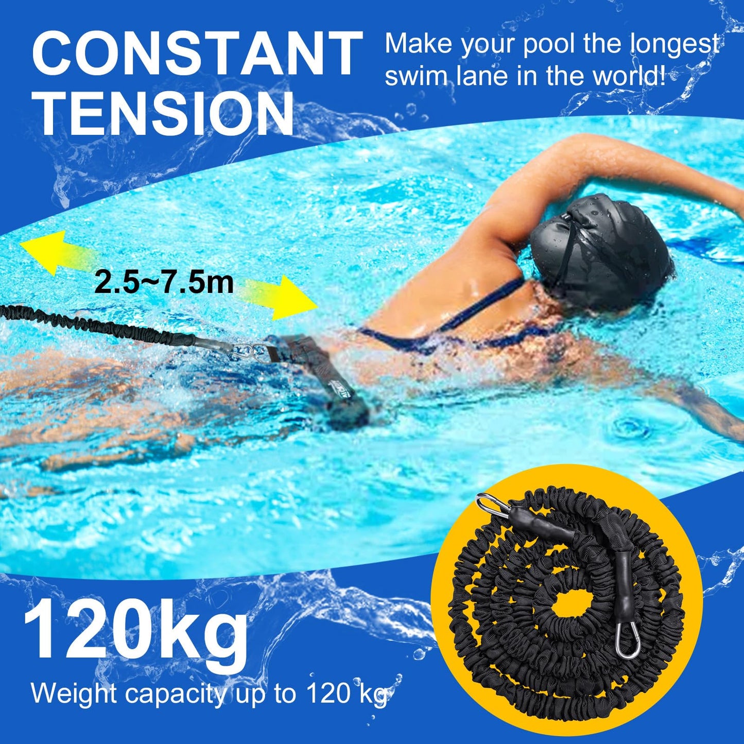 Swimming Training Belt 8-25FT Adjustable Swimming Resistance Belt, Stationary Harness for Any Pool Without Counter Current System (Black)