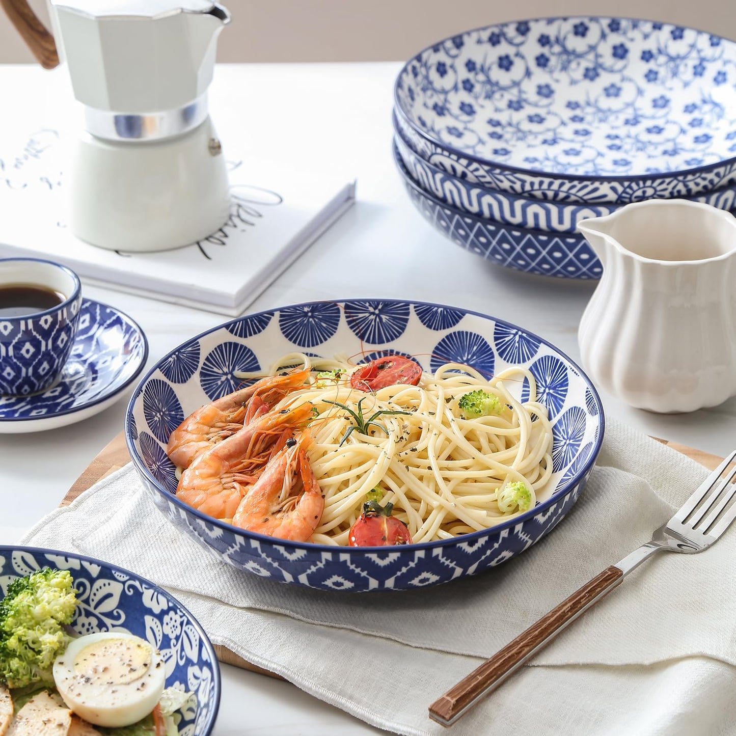 Selamica Ceramic Pasta Bowls Set 34 OZ, Large Salad Bowls 8.6 Inch Dinner Bowls for Kitchen, Wide Shallow Bowls Deep Plates for Pasta Soup, Microwave & Dishwasher Safe, Set of 6, Vintage Blue
