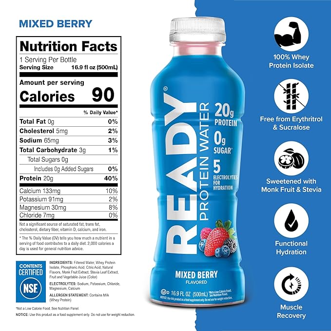 Ready Protein Water, 15g of Whey Protein Isolate, Sugar Free, 12-Pack, 16.9 Fluid Ounces Each (20g Protein, Mixed Berry)