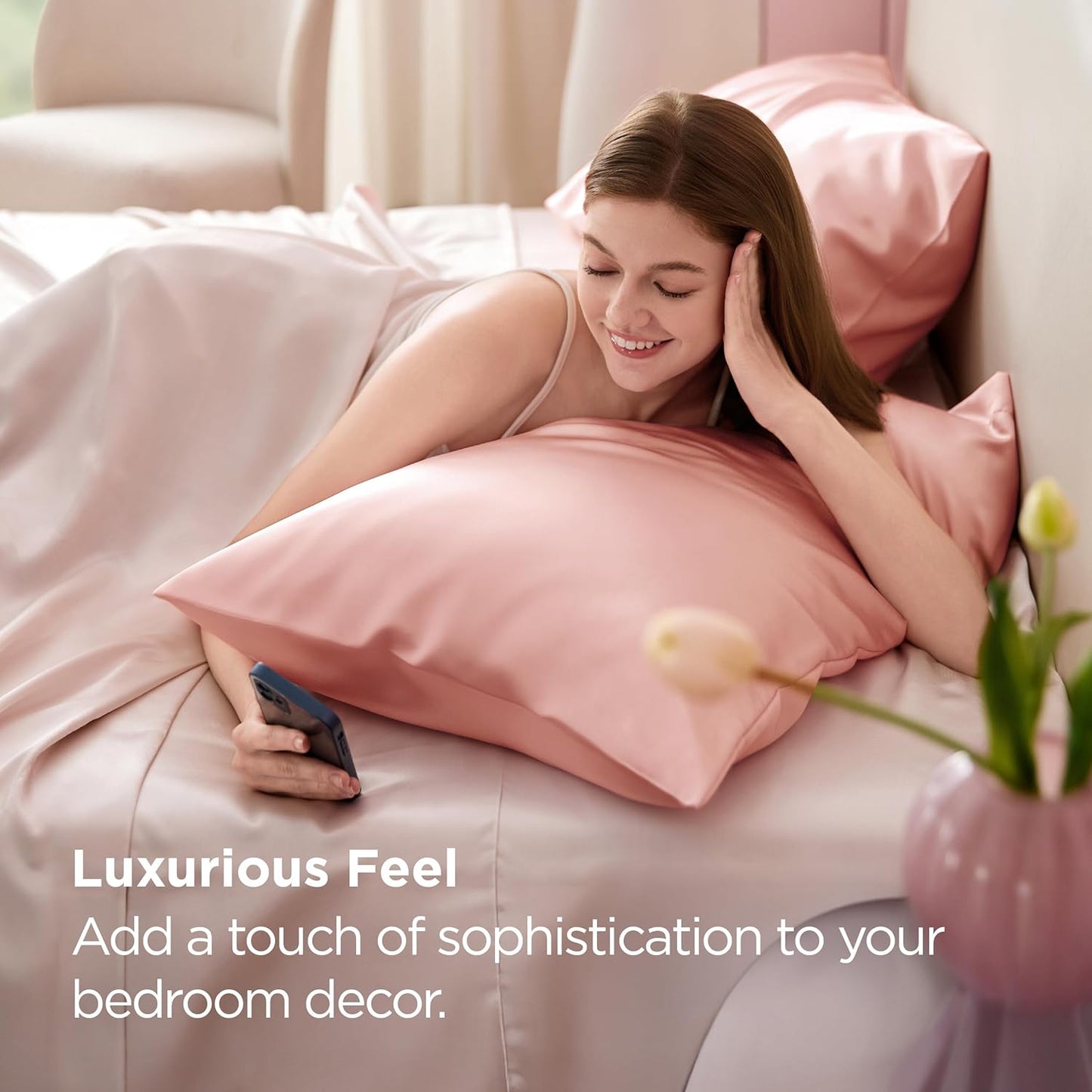 Bedsure King Size Satin Pillowcase Set - Peach Pink Silky Pillow Cases for Hair & Skin | 20x36 Inches, 2-Pack