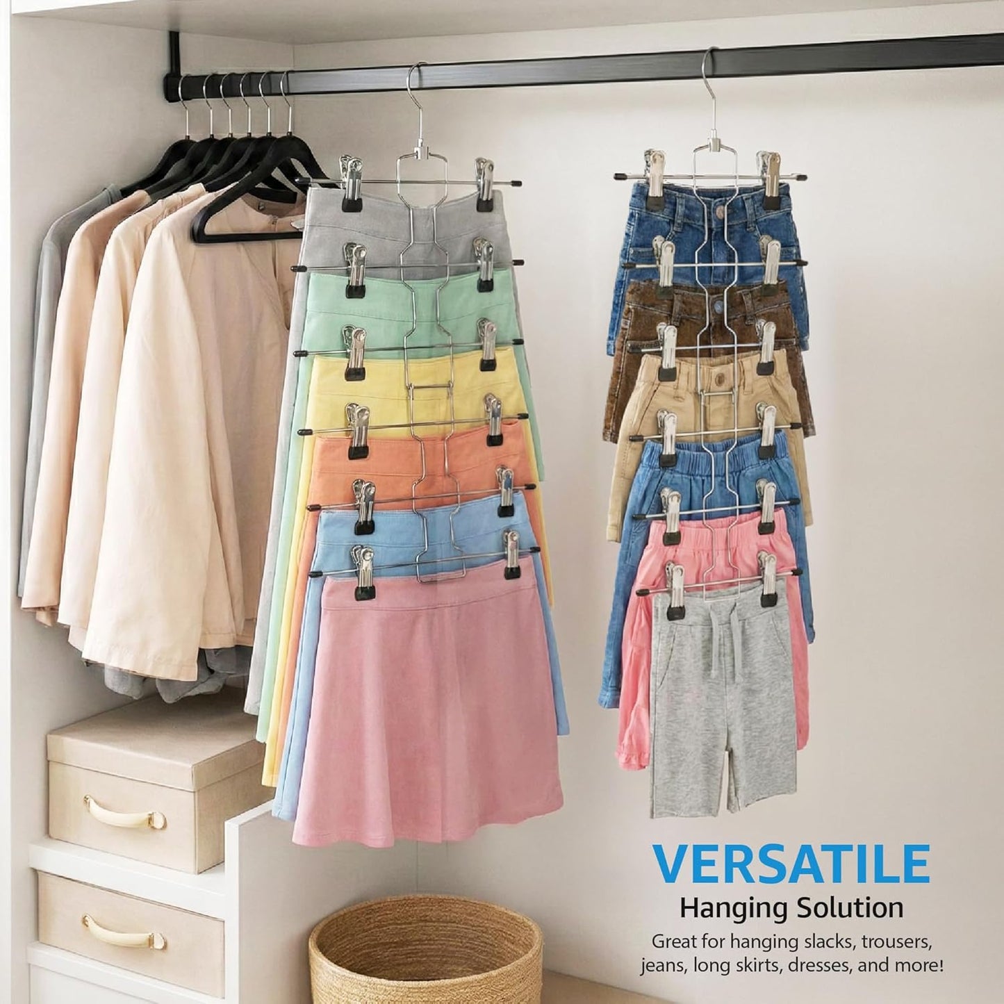 ZOBER 3-Pack Skirt Hangers with Clips - Space-Saving Closet Organizer with Swivel Hooks