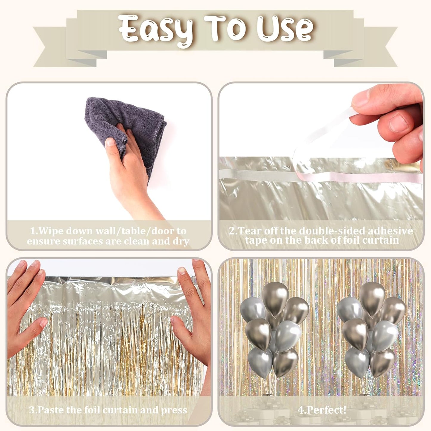 Voircoloria Foil Fringe Backdrop Curtains - 3.3 x 6.6 Ft Tinsel Streamers for Parties | Champagne Color
