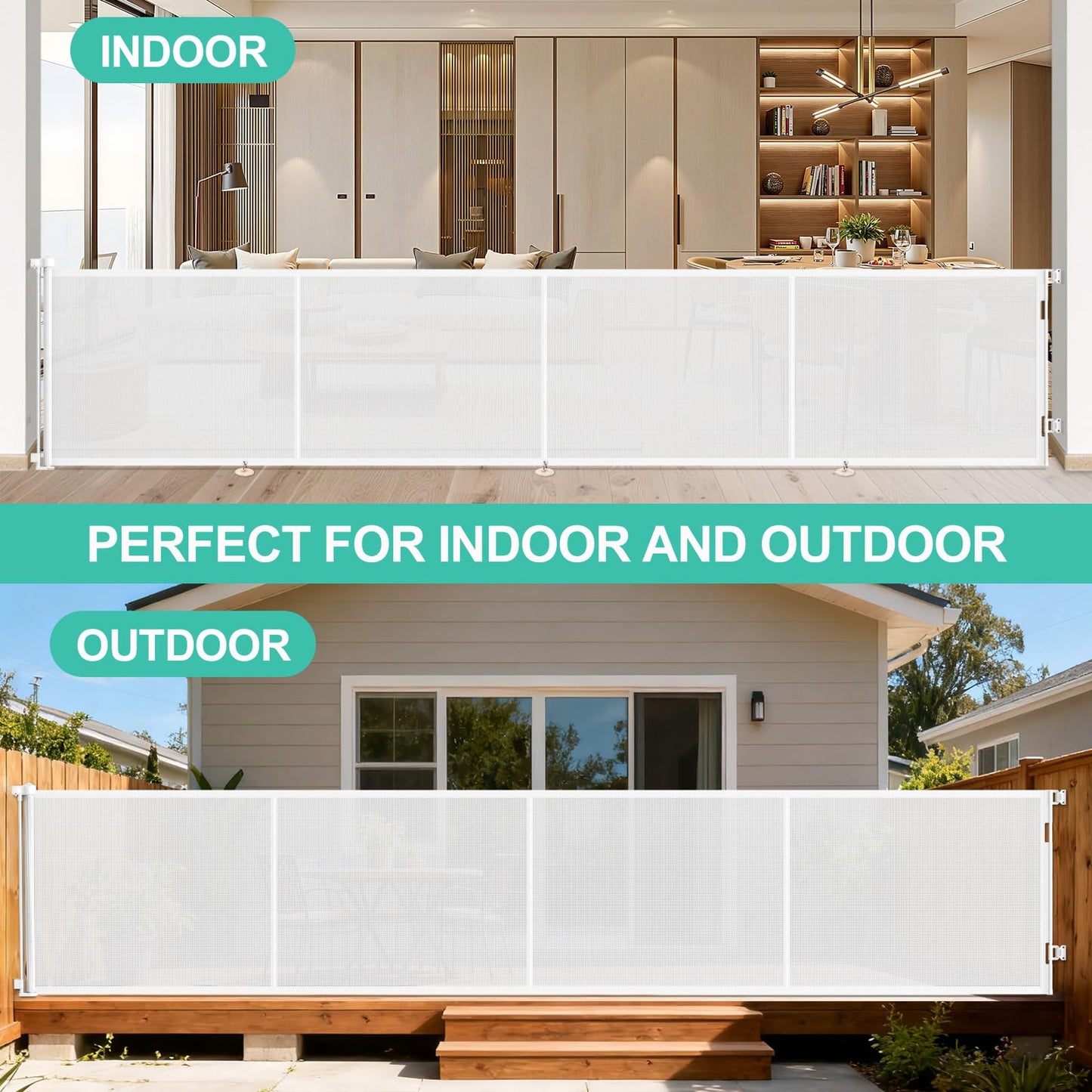 196 Inch Retractable Baby Gates Extra Wide, 41 Inch Reinforced Extra Tall Gate for Large Openings, Mesh Safety Gate for Kids Pets, Retractable Dog Gate for Pool Garages Doorway Indoor Outdoor, White