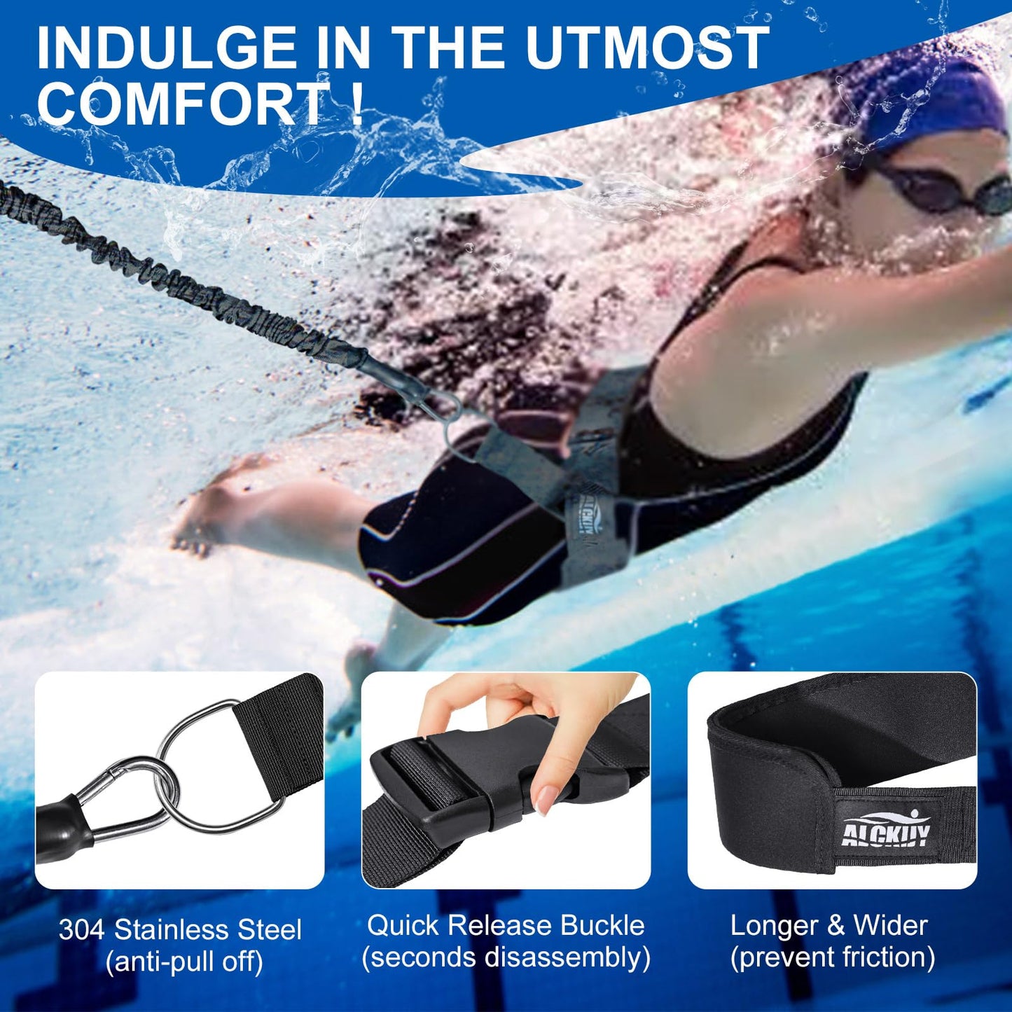 Swimming Training Belt 8-25FT Adjustable Swimming Resistance Belt, Stationary Harness for Any Pool Without Counter Current System (Black)