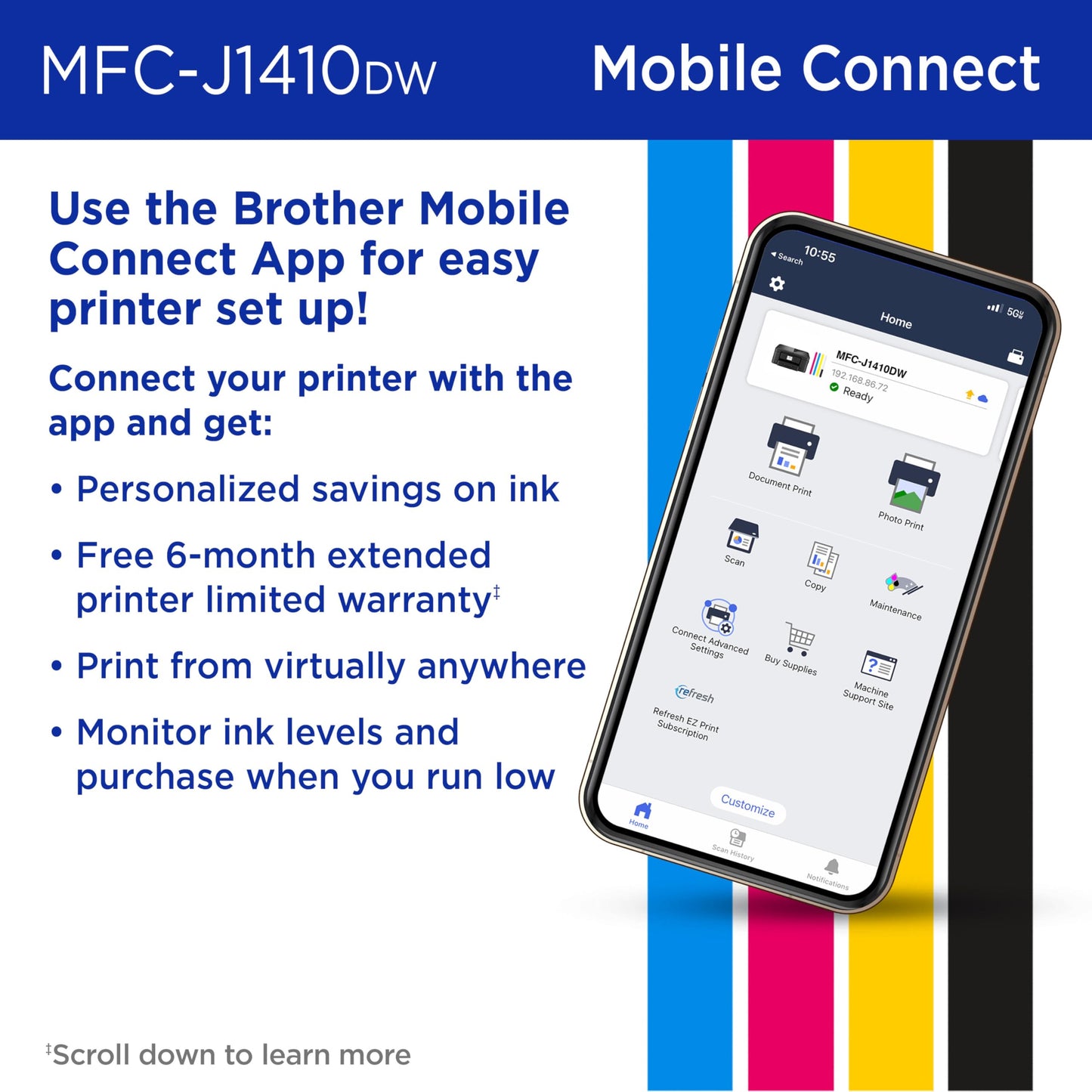 Brother Work Smart 1410 Wireless Color Inkjet All-in-One Printer with 2.7” Touchscreen and Automatic Duplex Printing | Includes Refresh Subscription Trial(1) (MFC-J1410DW)