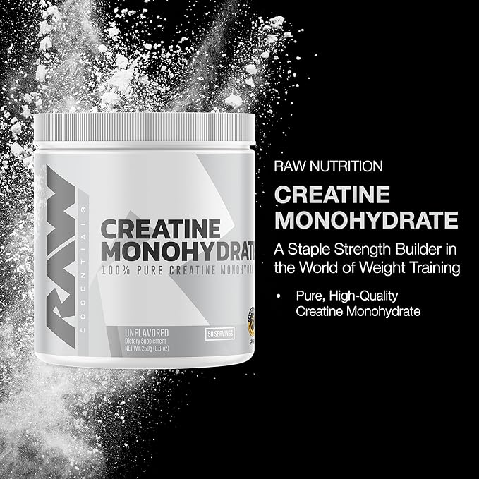 RAW Nutrition Creatine Monohydrate Powder - Unflavored Micronized Creatine Monohydrate Workout Supplement for Muscle Energy, Strength & Endurance - Creatine Powder for Women & Men - 50 Servings