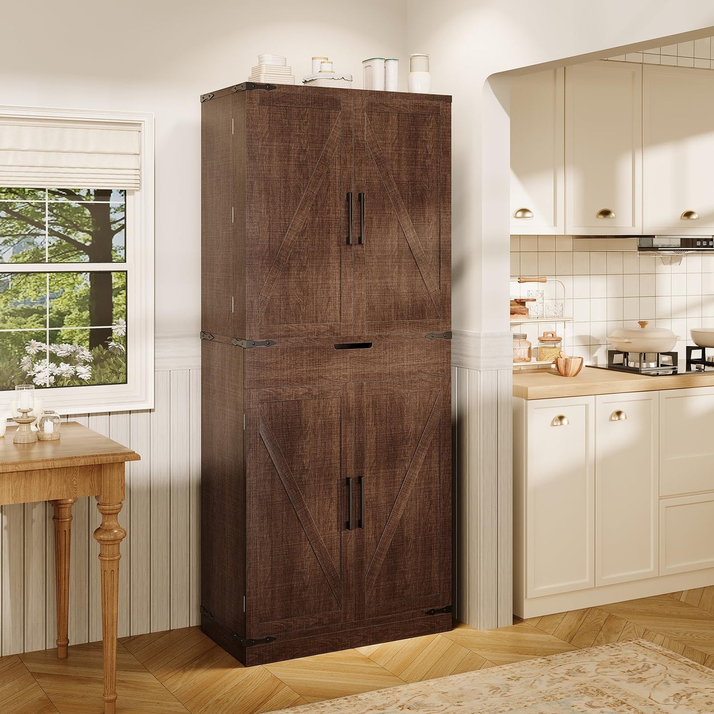 GRUSIGN 72" Kitchen Pantry Storage Cabinet with Doors and Shelves, Wood Farmhouse Pantry Storage with Barn Doors for Kitchen, Dining Room, Living Room, Dark Brown