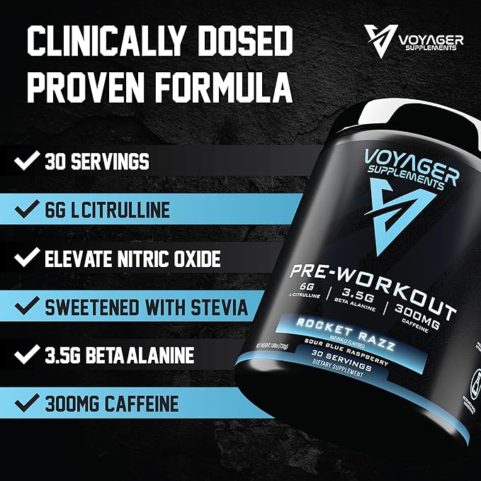 Voyager Pre-Workout Rocket Razz ??Creatine-Free Powder w/L-Citrulline, Beta-Alanine, Caffeine ??Supports Energy, Endurance & Focus ??30 Servings ??No Artificial Fillers ??GMP Certified