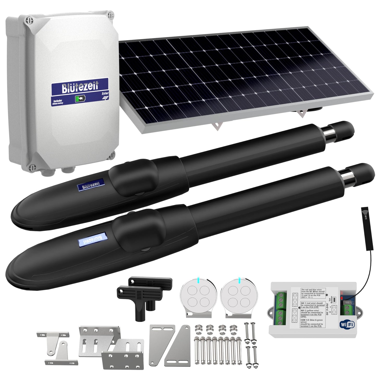 Blütezeit MS650 Solar Dual-Arm Swing Gate Opener with WiFi Module – 1760lb Gate Capacity, Smart App Control, Alexa/Google/Siri Compatible, 2.4GHz WiFi, Solar Powered