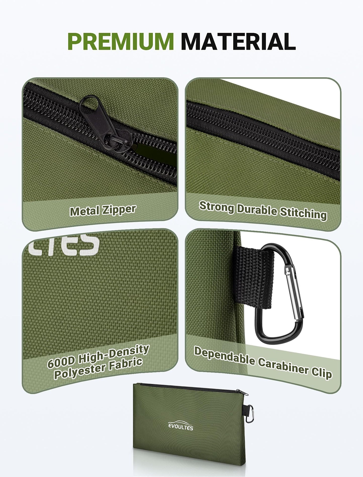 EVOULTES 12 Inch Tool Pouches with Zipper, Small Tools Bags with Carabiner, Multi Purpose Utility Organizer Bags for Tools (3 Pack in Tan, Navy Green, Black)