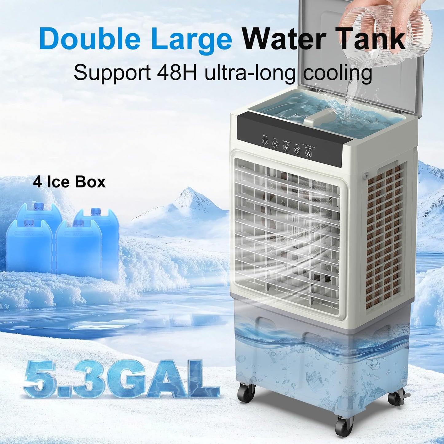 Windowless Swamp Cooler, 3 in 1 Evaporative Portable Air Conditioner with Remote, Cooling Fan Ac Unit,3 Speed, 24H Timer, 5.3 Gal Water Tank, 4 Ice Box for Garage, Patio, Bedroom Home Office Outdoor