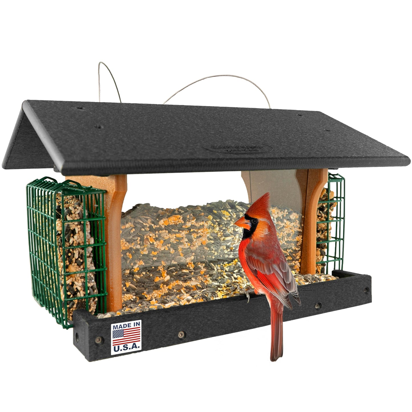 DutchCrafters Poly Hanging Large Hopper Bird Feeder with Two Suet Cake Holder Cages, Durable Long Lasting Outdoor Bird Feeder - Amish American Made in USA (Black & Cedar)