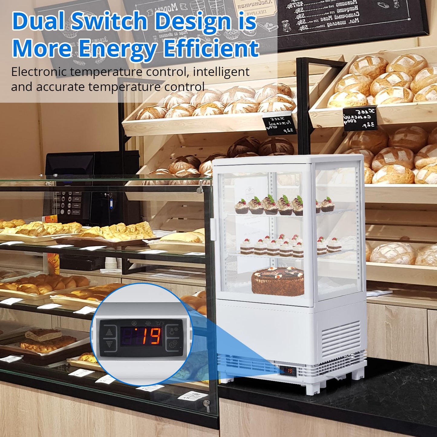 2.1 Cu.Ft. Commercial Bakery Display Refrigerator, Countertop Refrigerated Case, Display Fridge, Single Door, Merchandiser Beverage Cooler, 3 Layers, LED, Adjustable Shelves, Restaurants, Bars, Shops