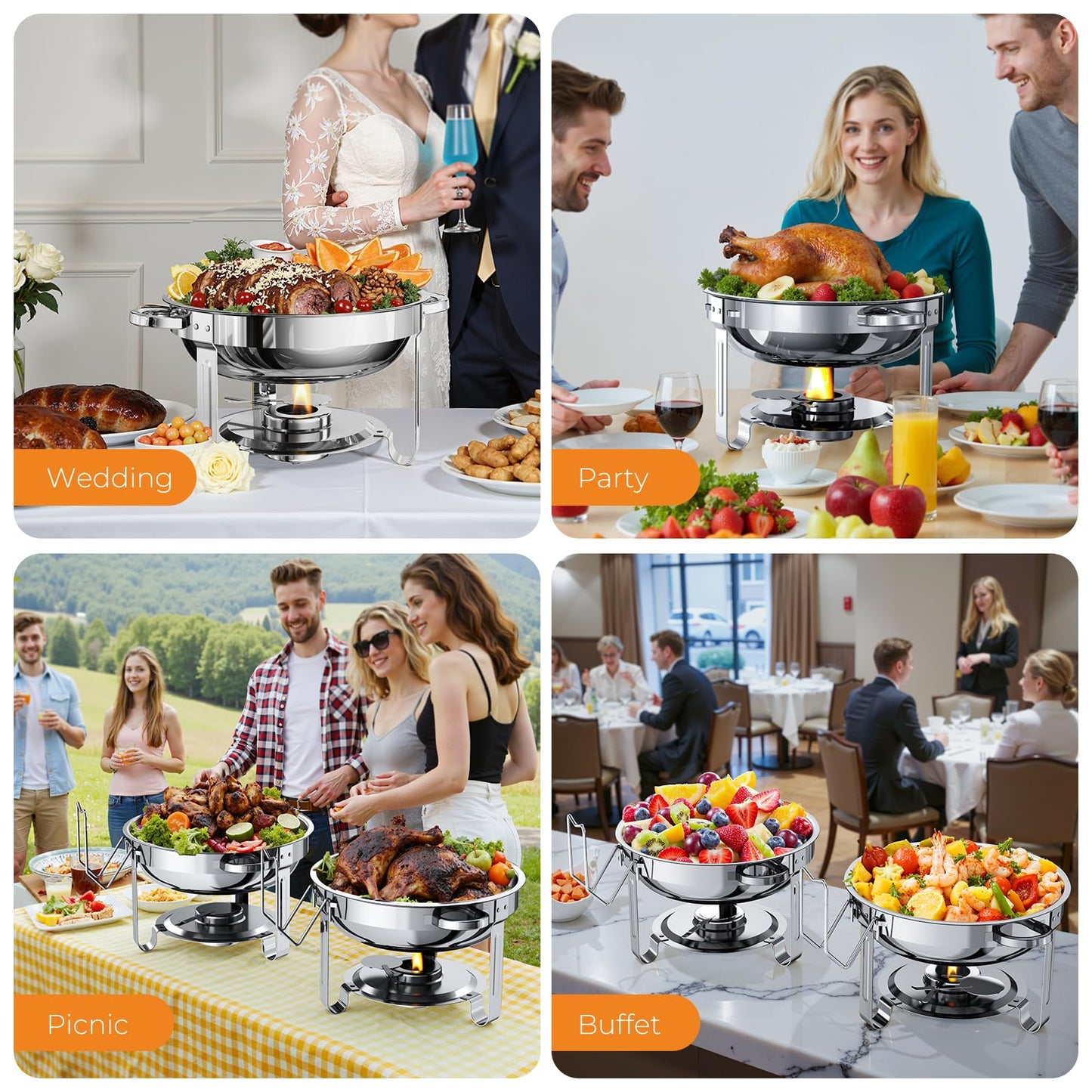 Chafing Dishes for Buffet 4 Pack, 5QT Round Stainless Steel Chafing Dish Set Food Pan with Lid, Buffet Warmers Sets for Home, Gatherings, Birthday, Parties, Church Events,Catering Events