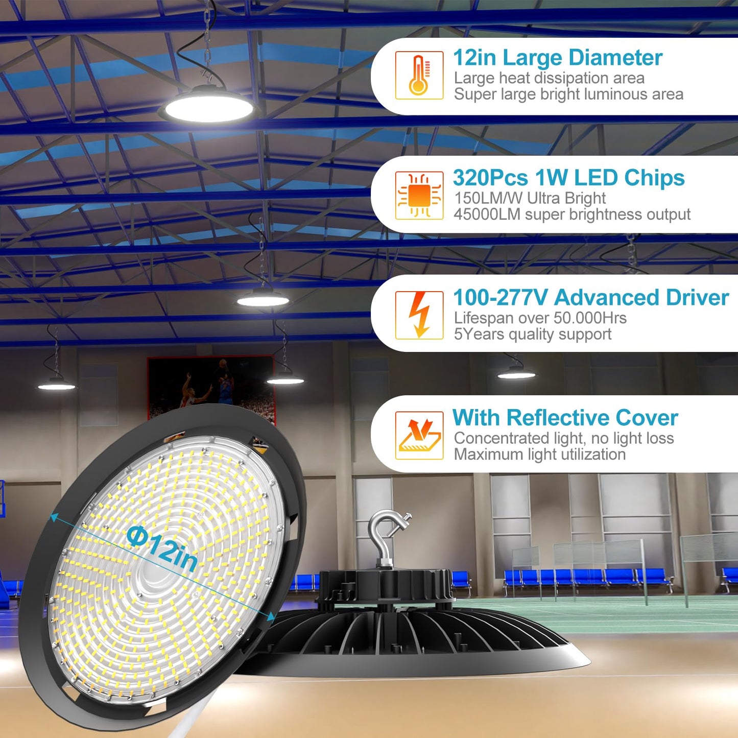 Lightdot 6Pack LED High Bay Light 300W（340x1W） 45000lm (Eqv.1200W MH/HPS) AC100-277V 5000K UFO LED High Bay Shop Light, Commercial Bay Lighting for 30-50FT Height Warehouse, Garage & Barn,Plug & Play