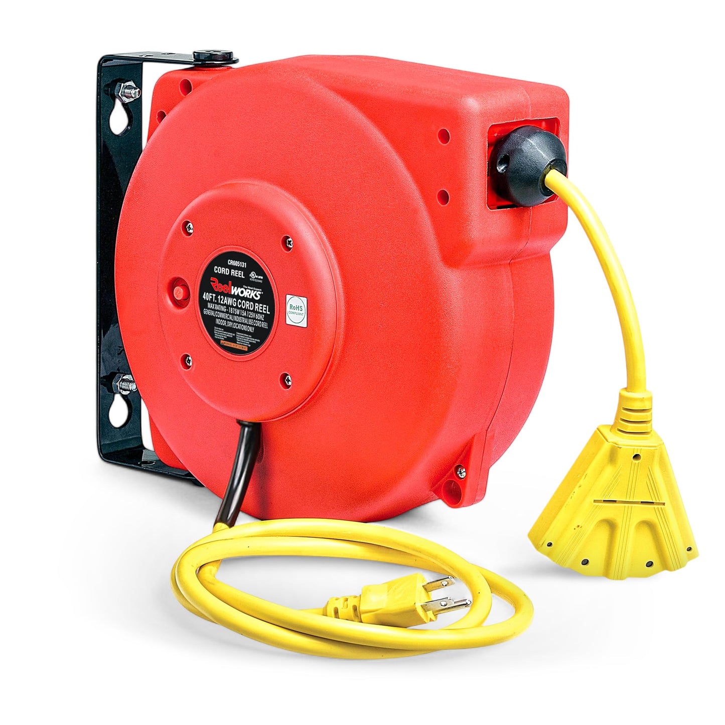 ReelWorks Retractable Extension Cord Reel Polypropylene 12AWG x 40' Foot Industrial Commercial Grade 3C SJT Cable Triple Tap Connector 15A 125VAC 1875W 60Hz Current Interrupter Best for Indoor Use